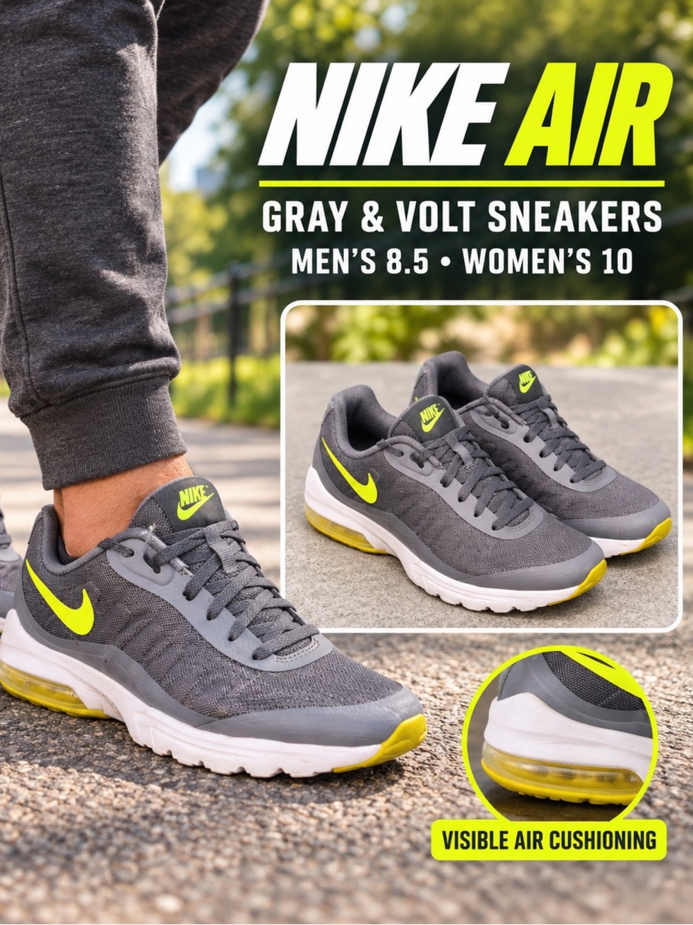 Nike Men’s Gray Sneakers with Neon Yellow Accents Men’s 8.5 Women’s 10